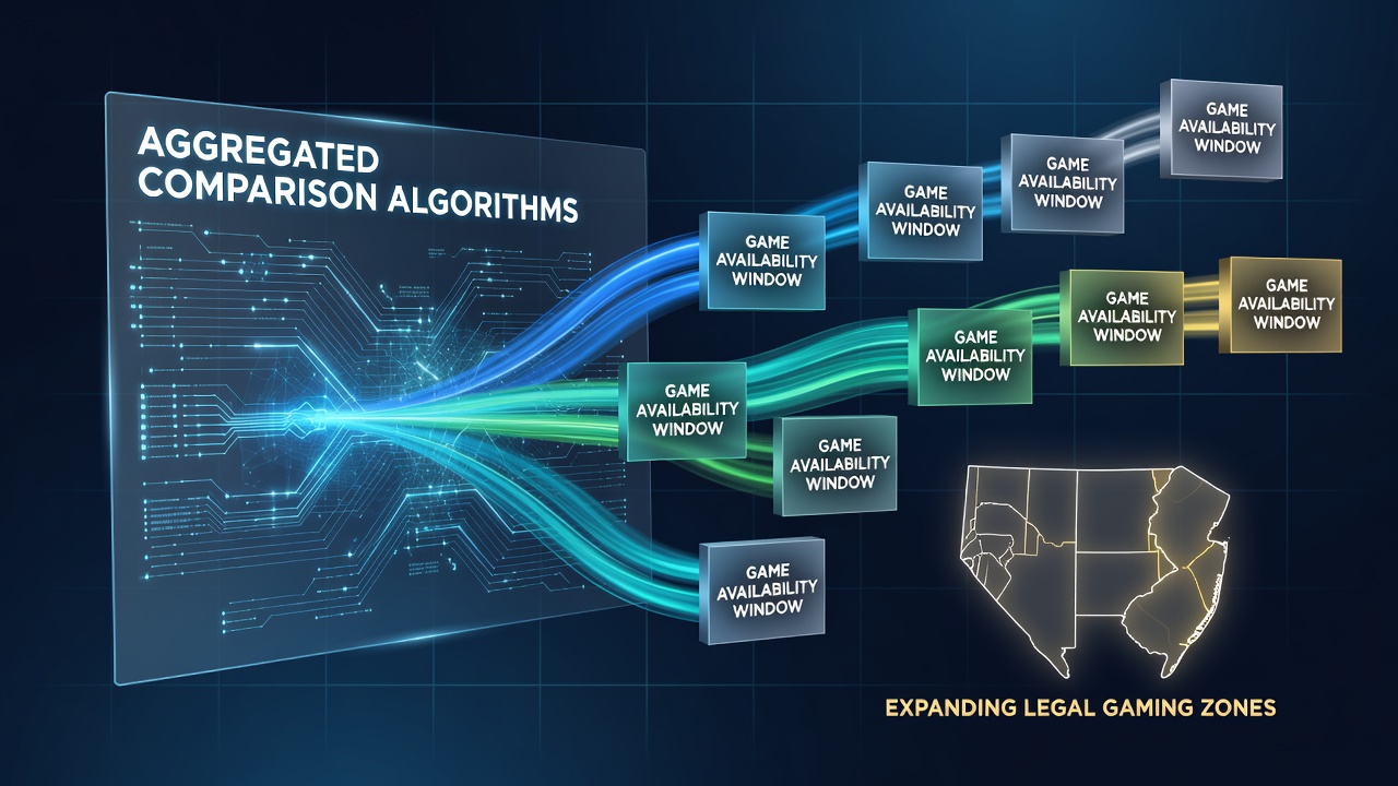 Diagram showing aggregated comparison algorithms processing player data to adjust game release schedules across state lines