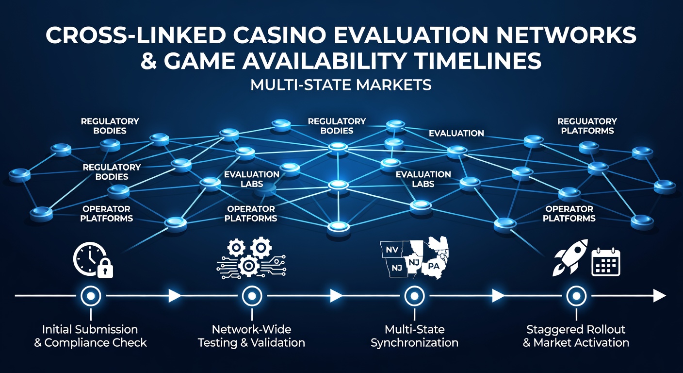 Diagram showing interconnected casino evaluation platforms linking data across multiple U.S. states to influence game rollout schedules