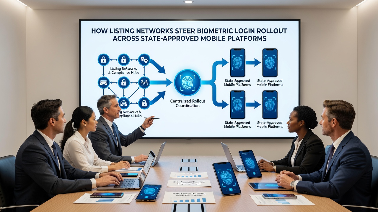 Network diagram showing connections between listing platforms, state regulators, and mobile app development teams implementing biometric logins