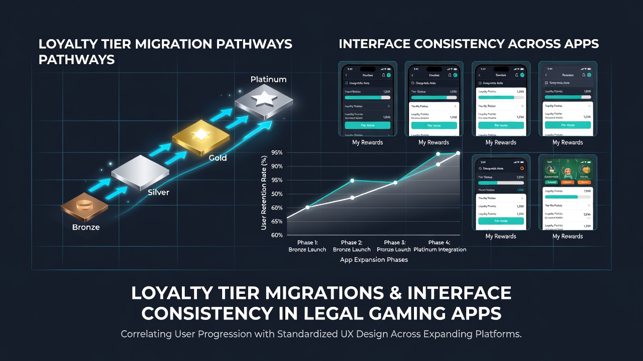 Visual representation of loyalty tier progression alongside consistent mobile app interfaces in legal gaming platforms