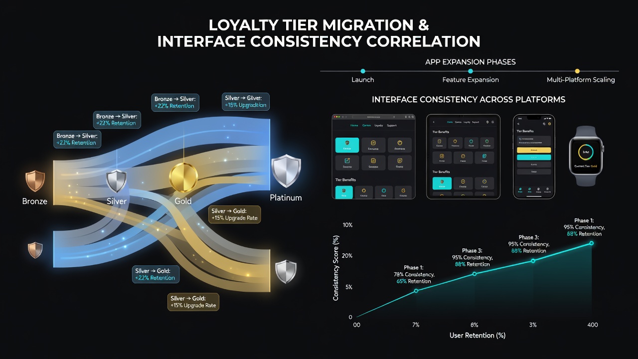 Data charts displaying loyalty tier migration rates next to interface consistency scores across multiple gaming apps