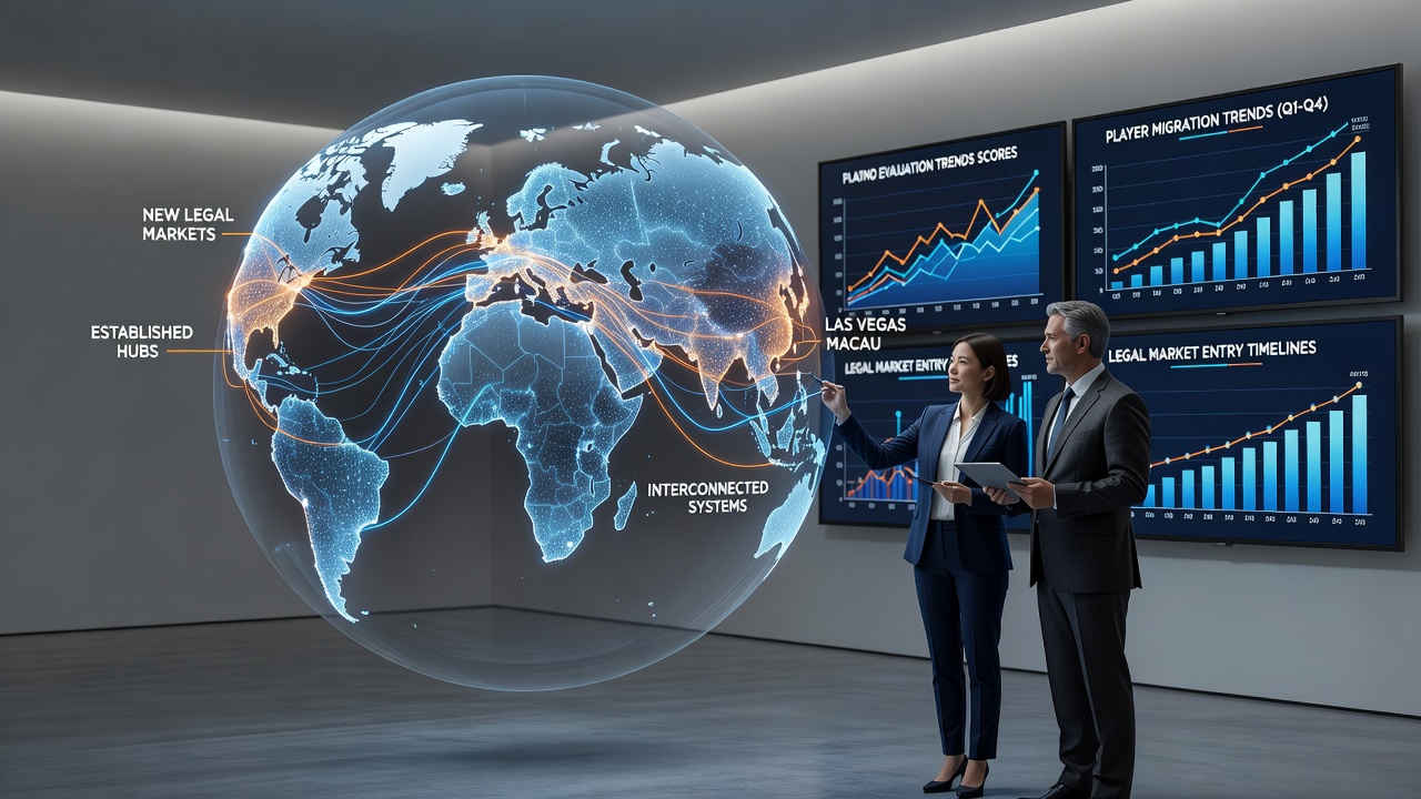 Map overlay illustrating player migration routes and evaluation system connections across new legal casino markets