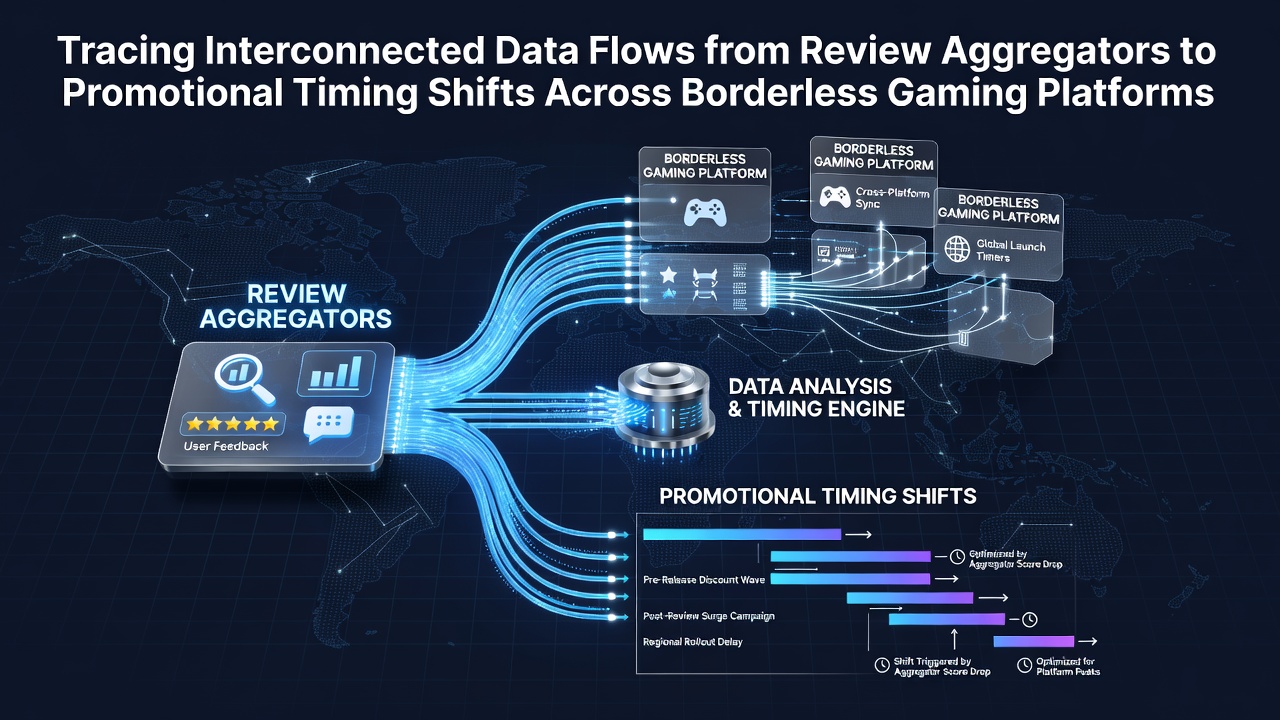 Data visualization showing interconnected flows between review aggregator platforms and gaming promotion schedules across multiple jurisdictions