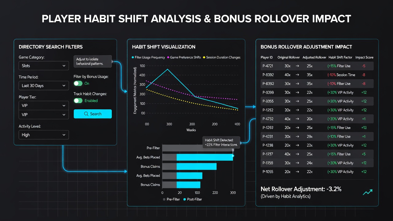 Analytics dashboard displaying player search trends and corresponding bonus rollover modifications across multiple gaming markets